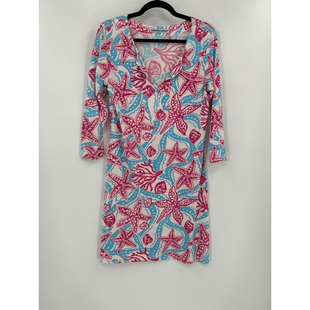 Barbara Gerwith Size M Pink Blue Coral Starfish V-Neck‎ 3/4 Sleeve Dress Beachy